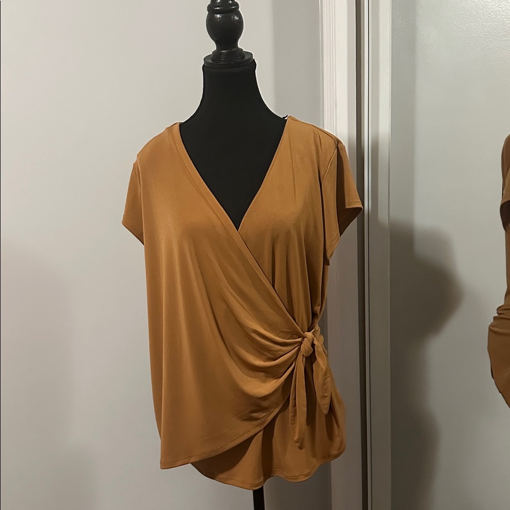 Tahari Mustard Wrap Tie Short Sleeve Blouse